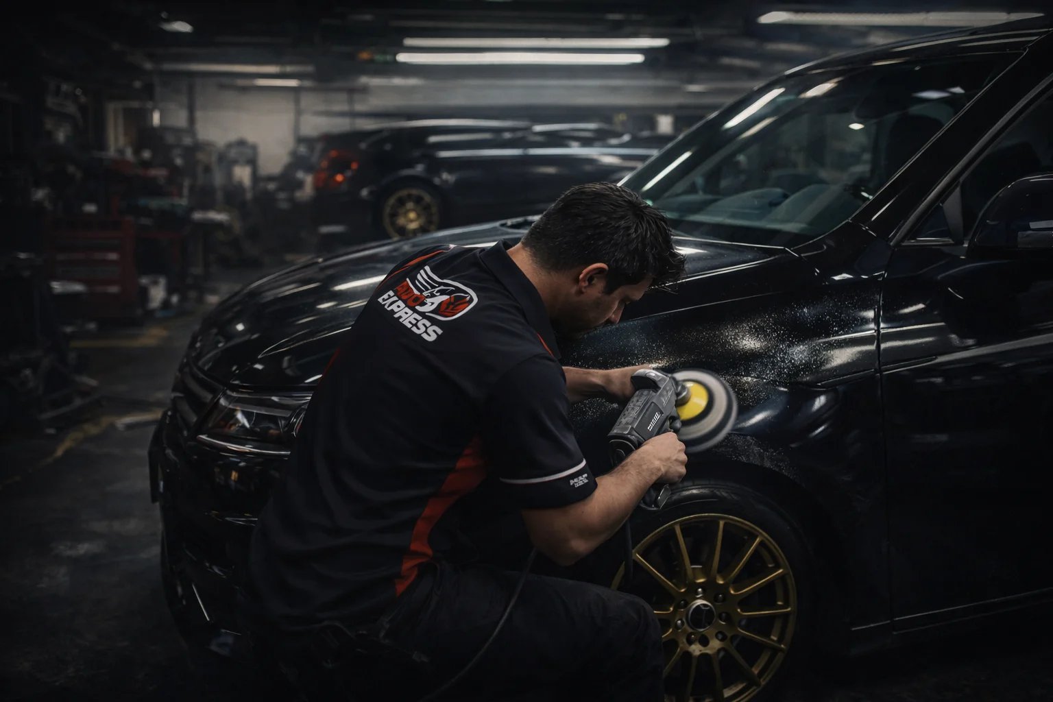 Técnico de Auto Express puliendo un vehículo